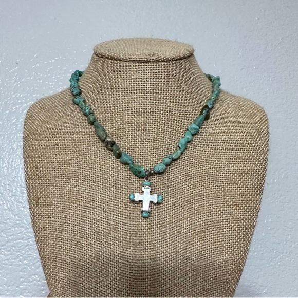 Vintage Southwestern Turquoise Sterling Silver Mother Of Pearl Cross Necklace - Picture 2 of 8